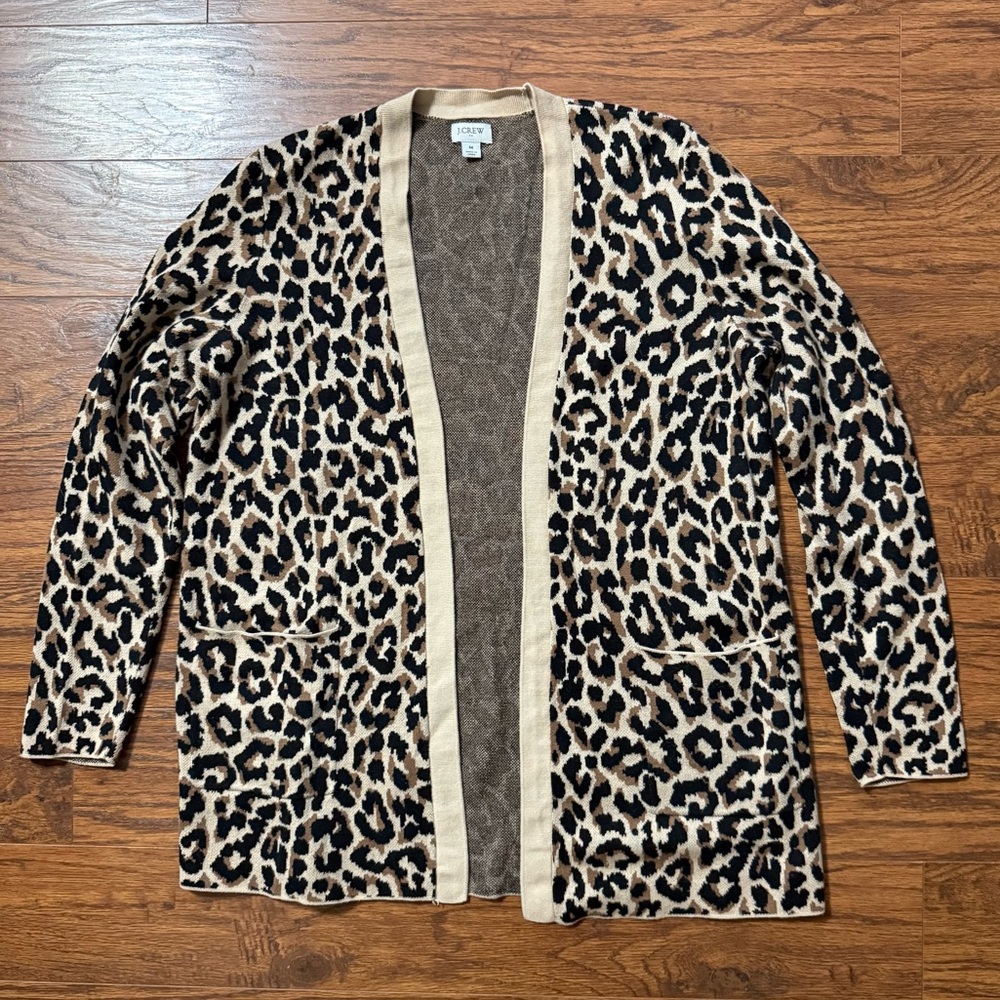 J. Crew Factory Leopard Print Open Front Cotton Cardigan Sweater Size Medium - Picture 2 of 6